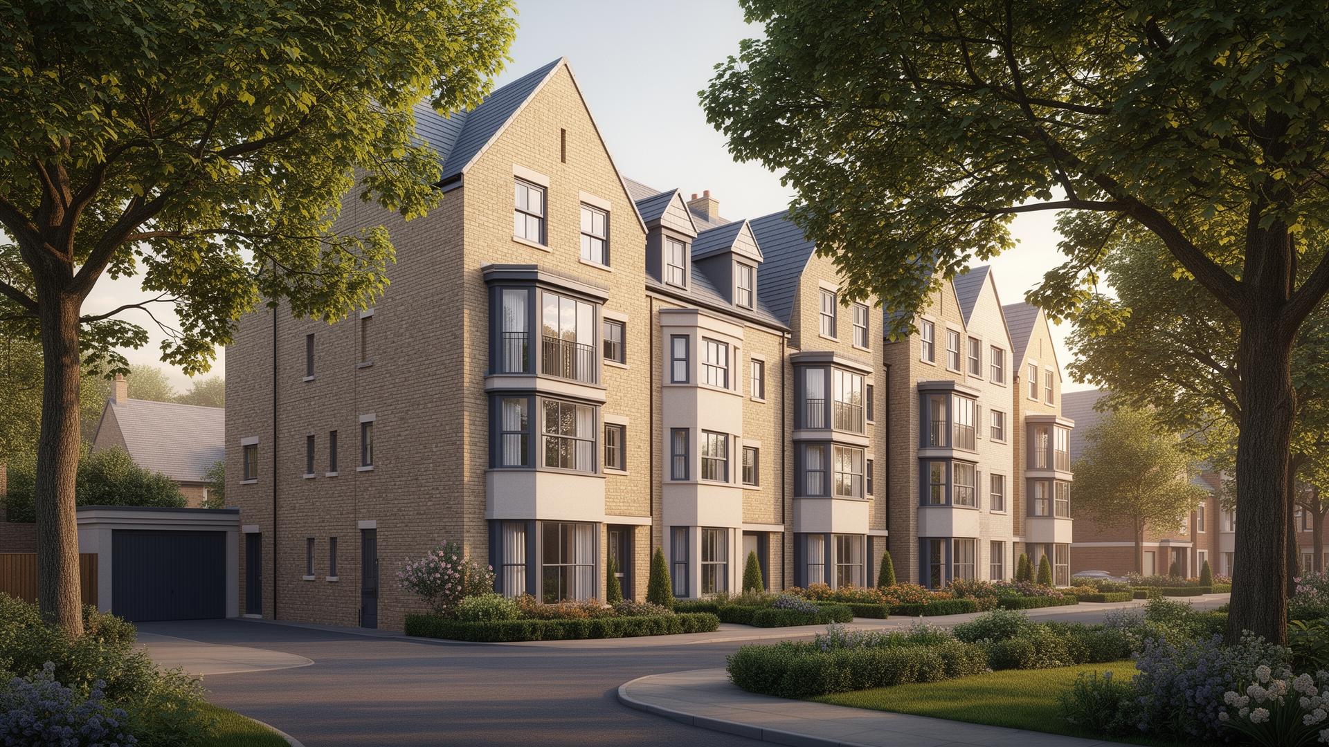 Contemporary UK new-build residential street with mature trees